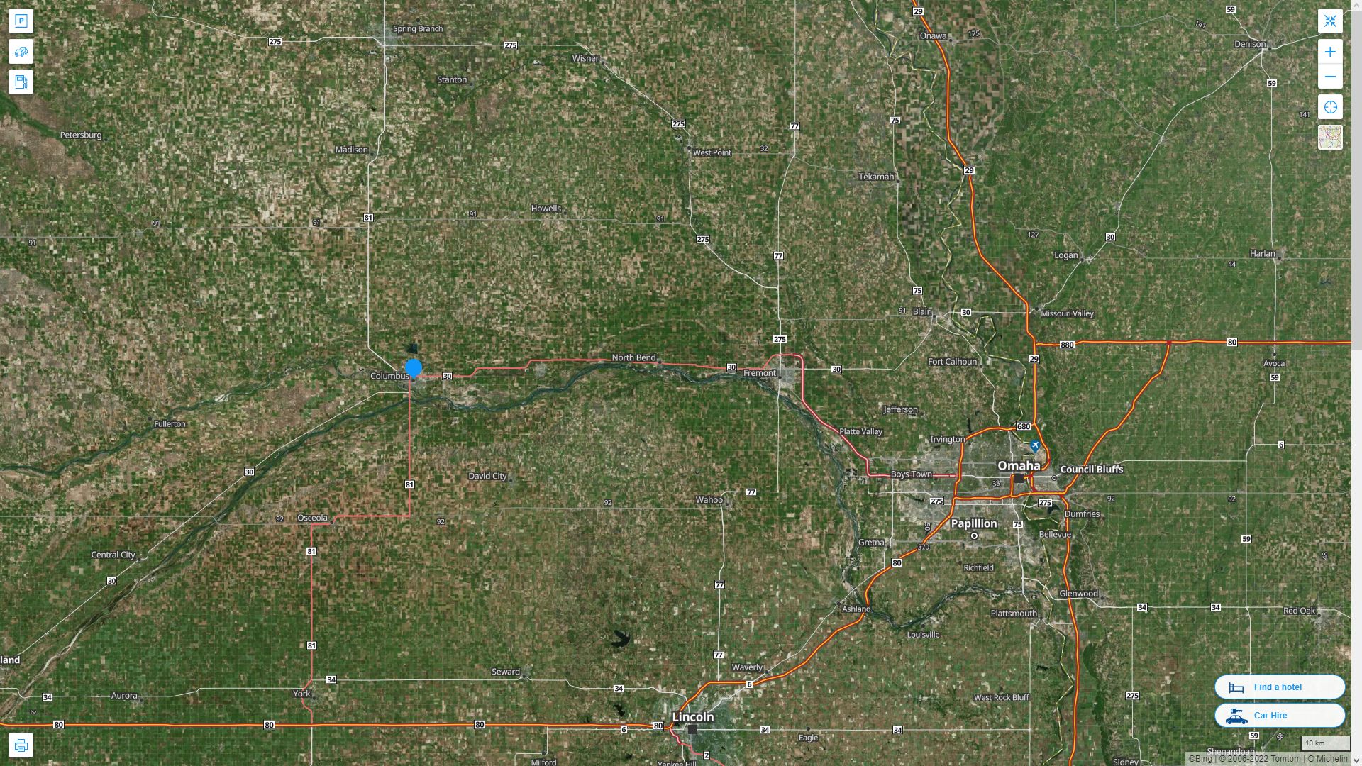 Columbus Nebraska Highway and Road Map with Satellite View
